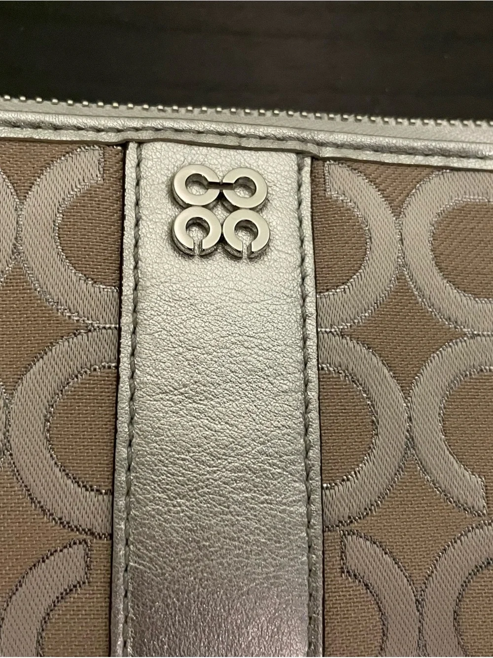 Coach Metallic Silver and Beige Signature Wristlet
